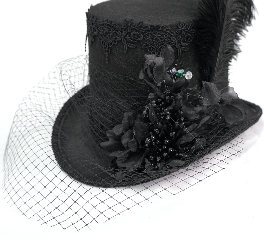 Gothic Hat with Detachable Feather / Unisex Top Hat with Large 3D Fabric Flowers - HARD'N'HEAVY