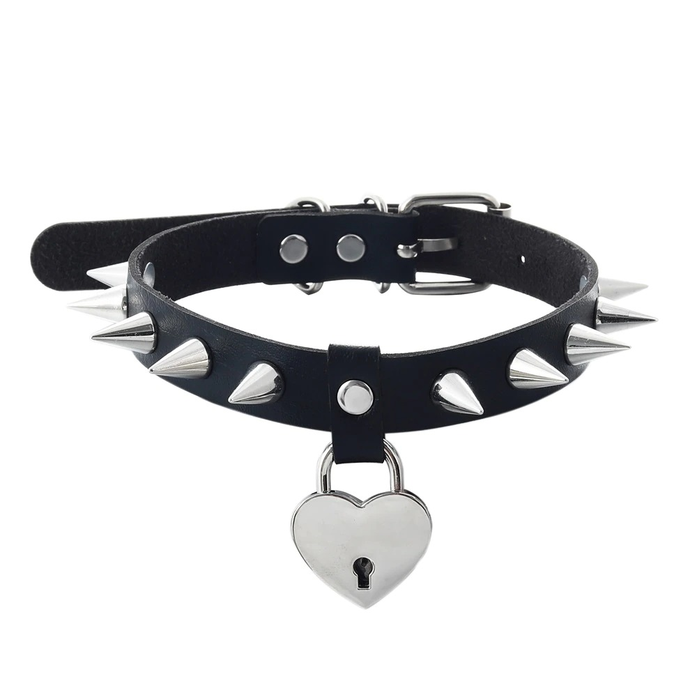 Gothic heart choker with silver spikes and a heart-shaped lock pendant, made of premium PU leather.