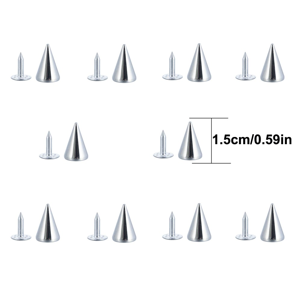 Set of silver spikes for Gothic accessories, featuring various sizes, ideal for customization in fashion designs.