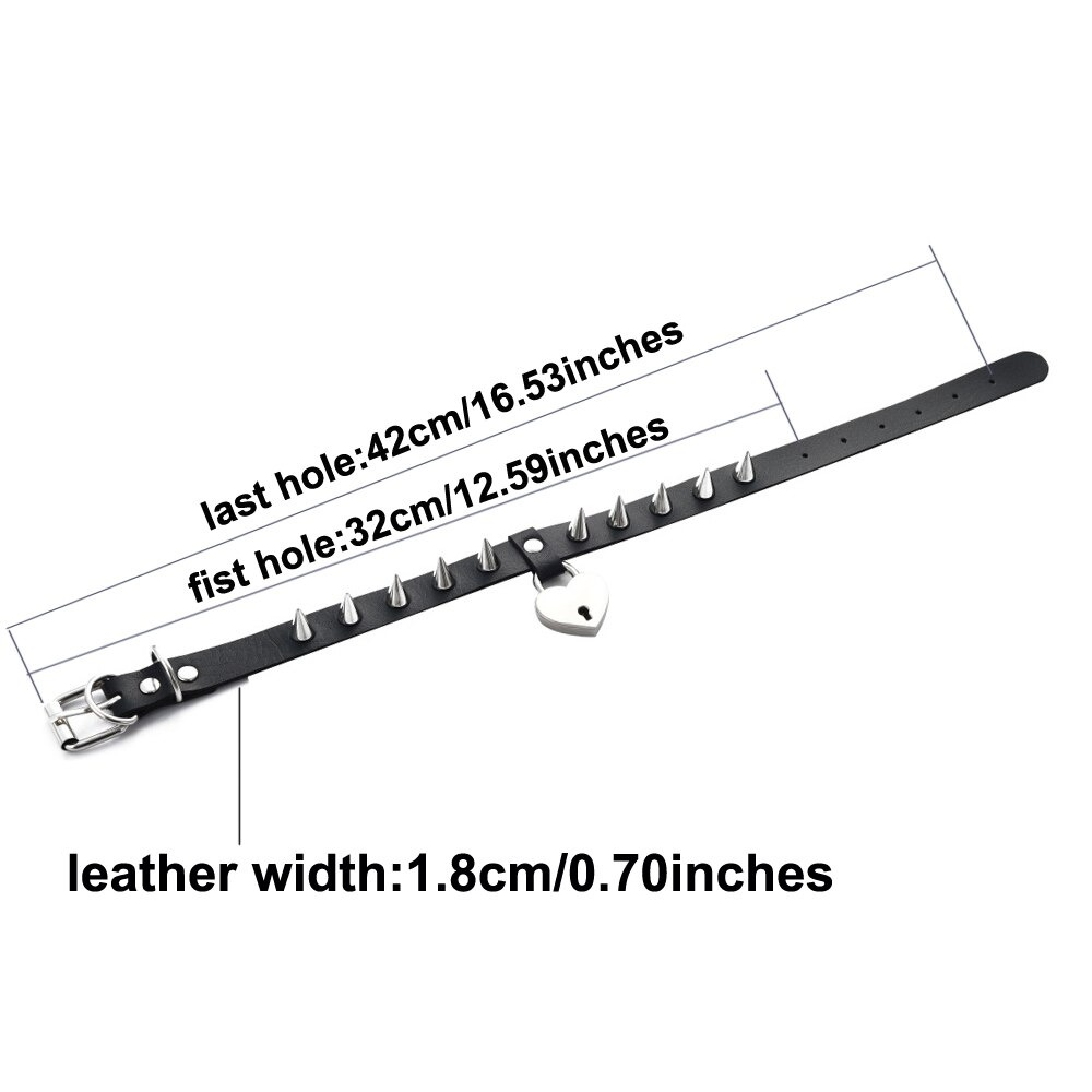 Gothic heart choker shown with silver spikes; features measurement details for sizing accuracy.