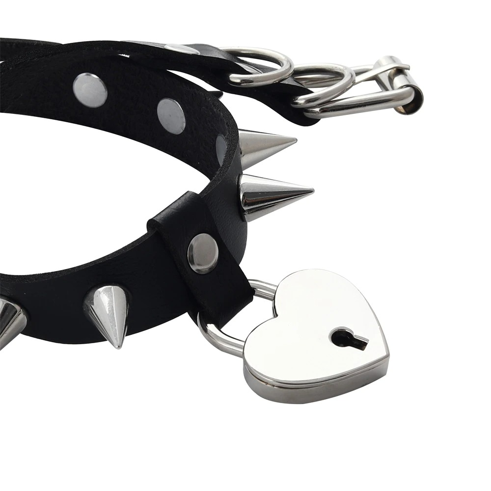 Gothic heart choker with silver spikes and padlock, crafted from quality PU leather, ideal for stylish men and women.