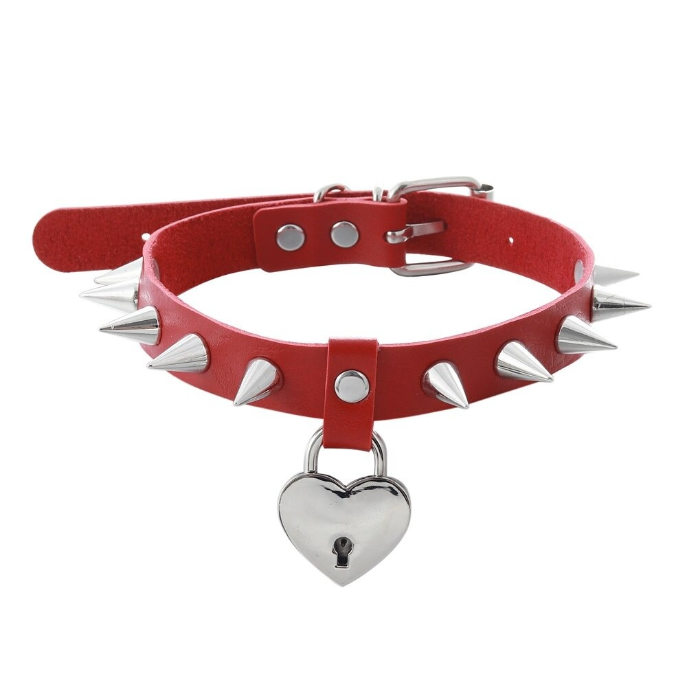 Gothic red PU leather choker with silver spikes and heart lock pendant, stylish accessory for men and women.