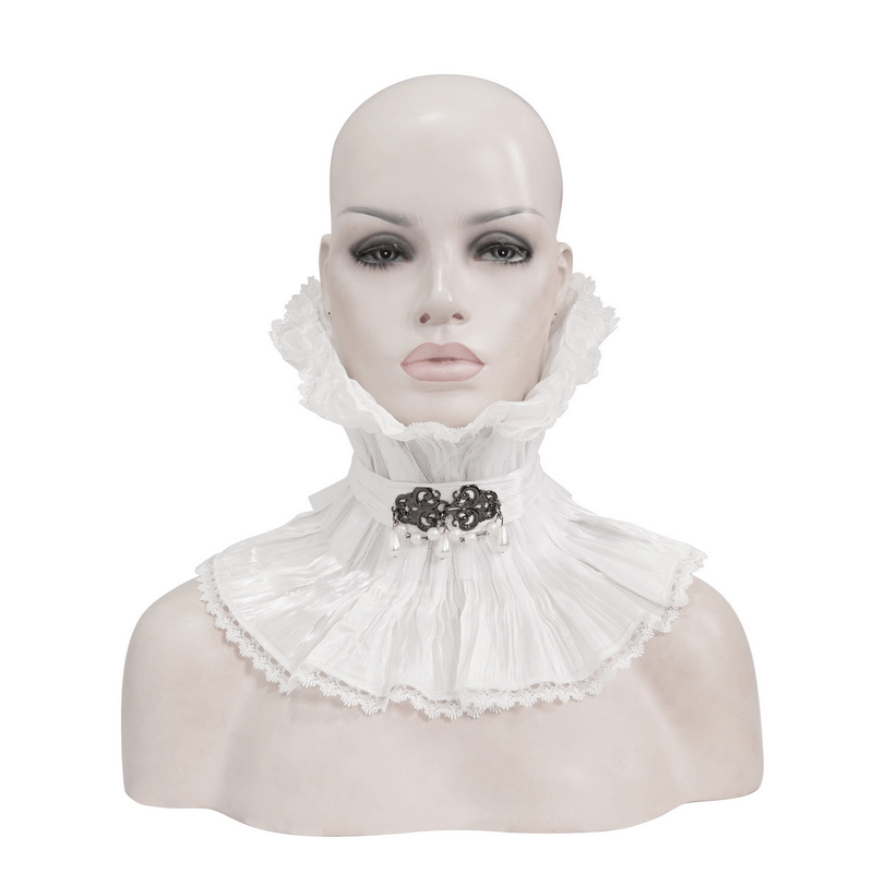 Gothic High Collar with Beaded Brooch / Punk Ruffle Collar with Lace Hem - HARD'N'HEAVY
