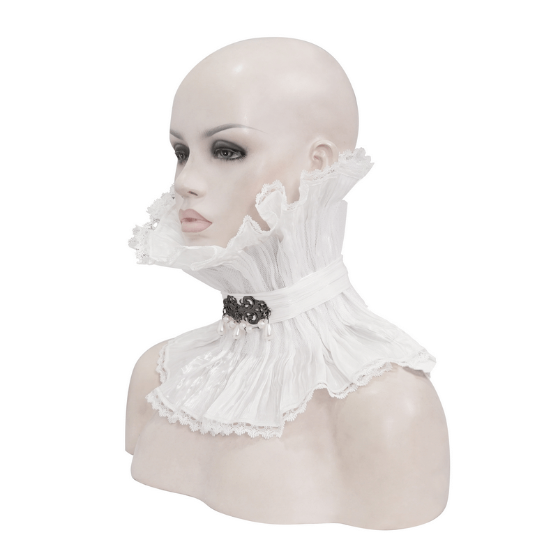 Gothic High Collar with Beaded Brooch / Punk Ruffle Collar with Lace Hem - HARD'N'HEAVY