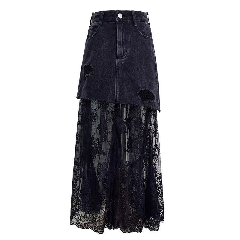 Gothic high waist black denim skirt with lace insert, stylish women's midi skirt for a chic and edgy look.