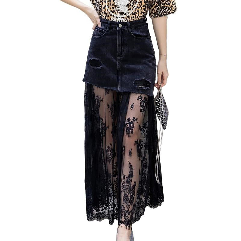 Gothic high waist black denim midi skirt featuring sheer lace detail for a stylish look.
