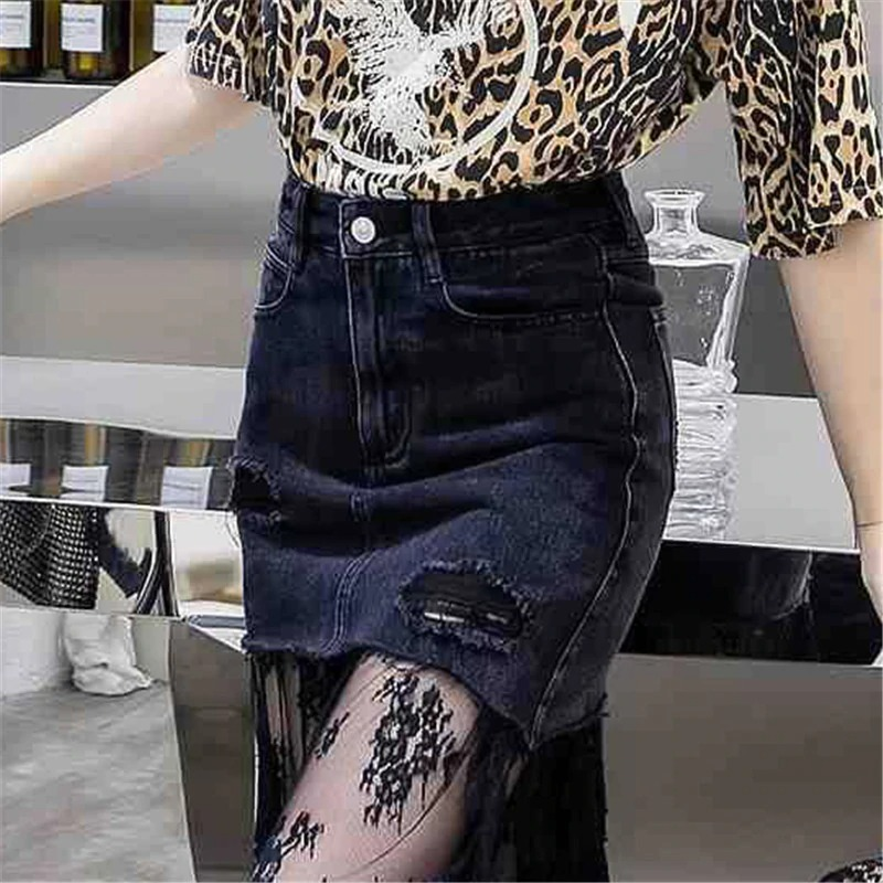 Gothic high waist black denim midi skirt with lace insert, perfect for stylish women seeking edgy fashion.