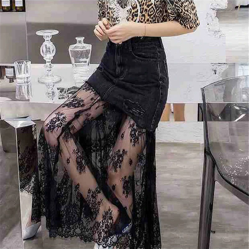Stylish gothic high waist black denim midi skirt with elegant lace insert for a chic look.