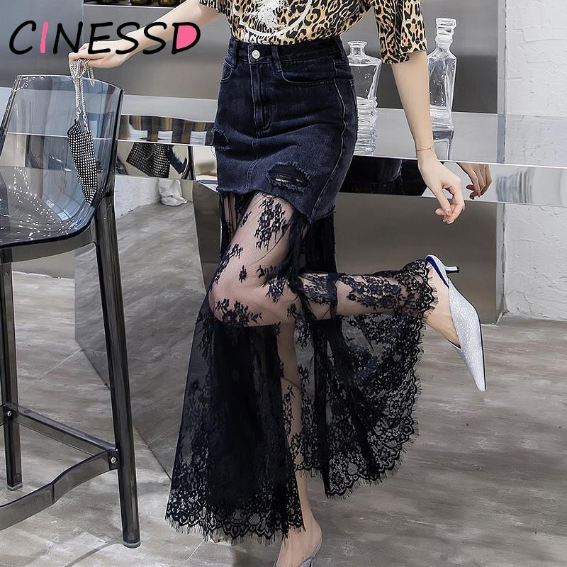 Gothic high waist black denim skirt with lace insert, a stylish women's midi skirt highlighting gothic fashion.