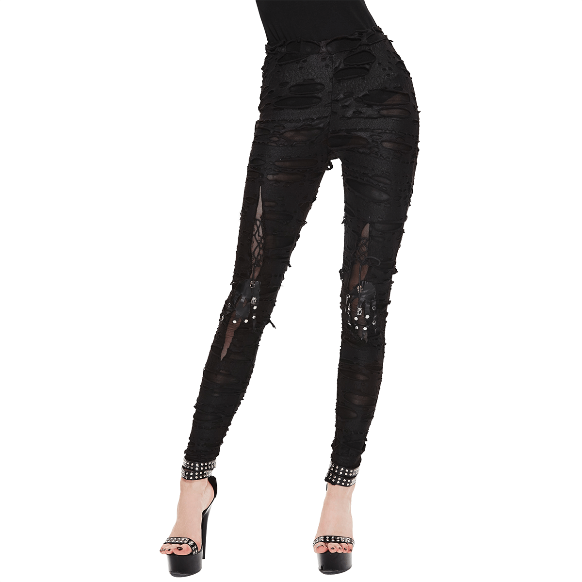 Gothic High Waist Pants for Women / Black Pant with Leather Hand Print on the Knees - HARD'N'HEAVY