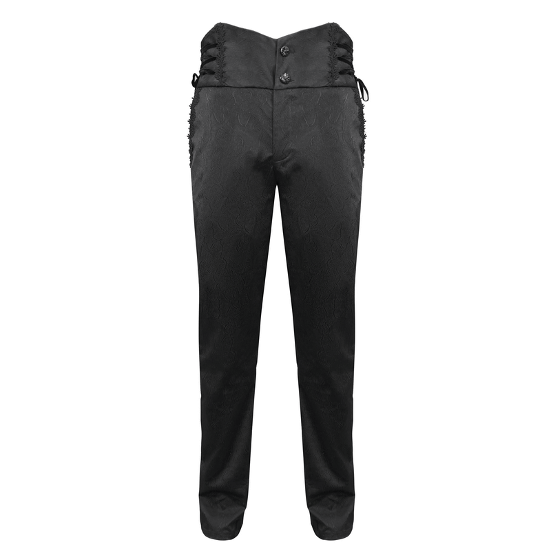 Gothic high waist pants in black with lace-up details and carved buttons for a vintage chic look.