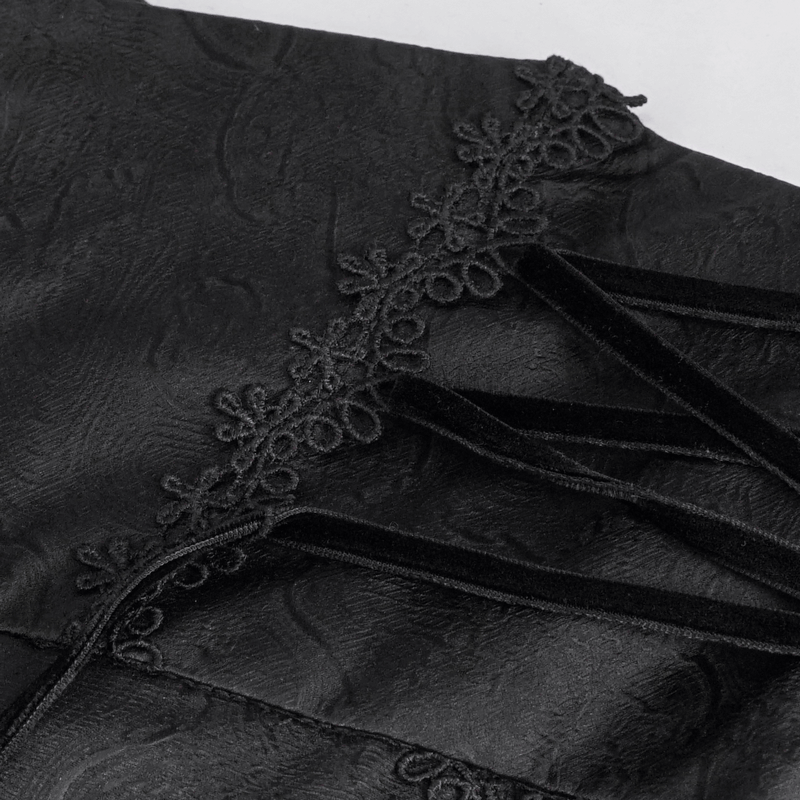 Close-up of gothic high waist pants showing elegant lace and velvet details, perfect for vintage style enthusiasts.