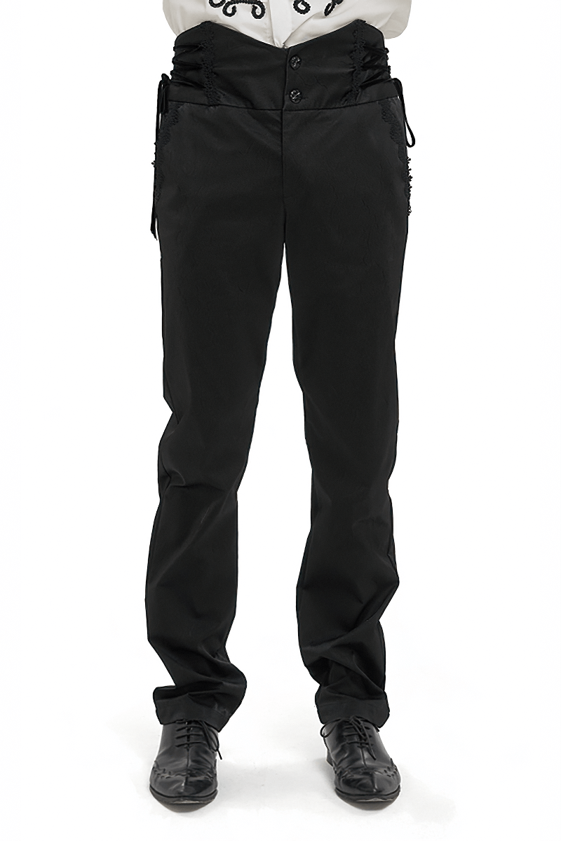 Gothic high waist pants with lace-up sides, vintage style black jacquard trousers with unique carved buttons.