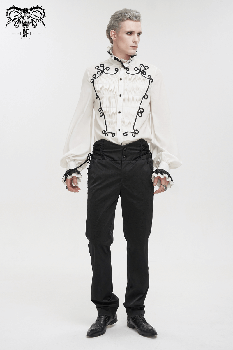 Stylish gothic high waist pants with lace-up sides paired with an elegant blouse featuring decorative details.