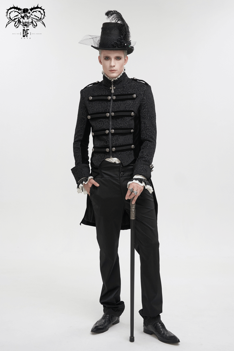 Model showcasing gothic high waist pants and stylish jacket with lace-up details and a dramatic hat.