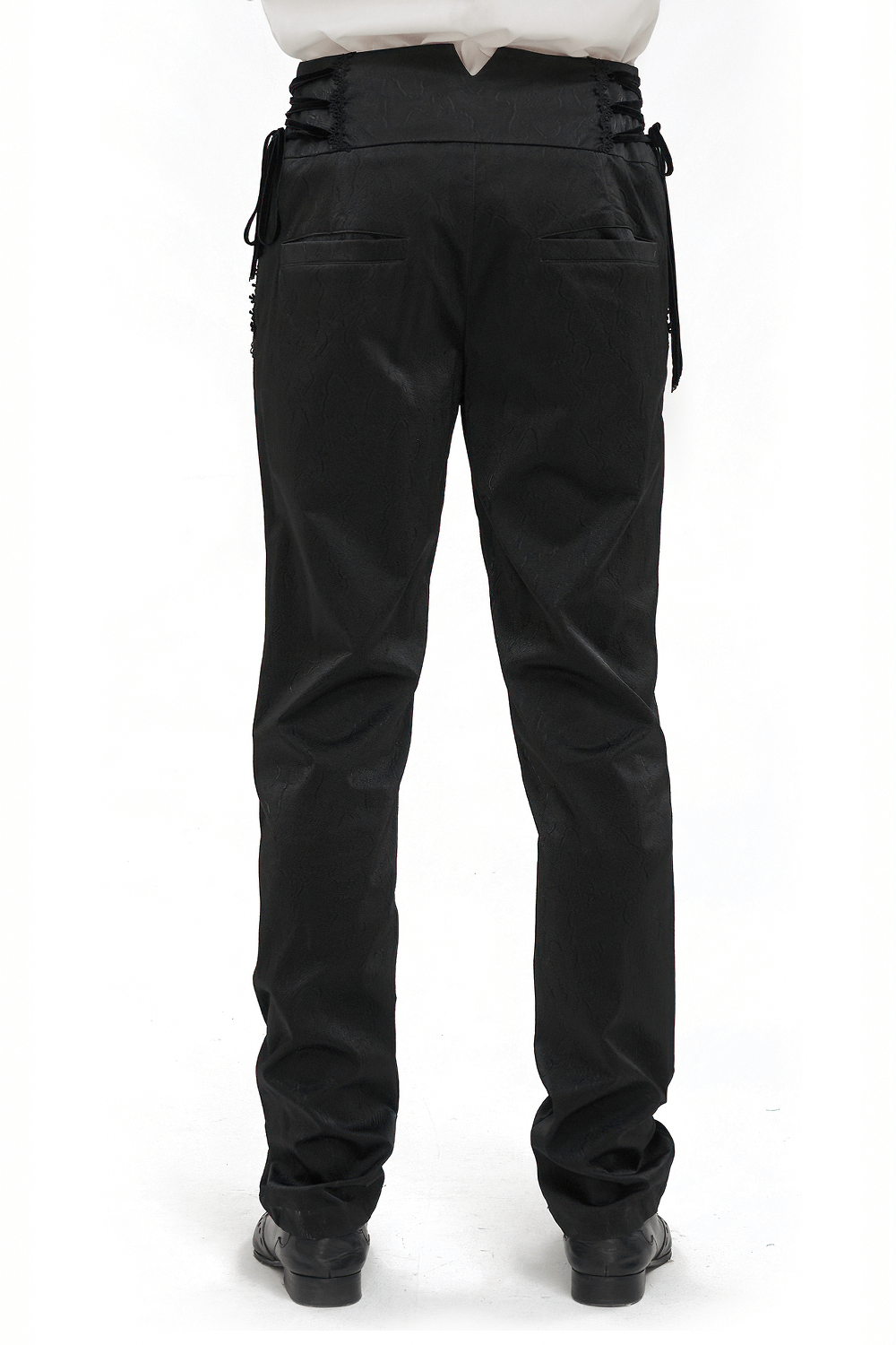 Back view of Gothic high waist pants with lace-up details and carved buttons, perfect for a vintage inspired wardrobe.