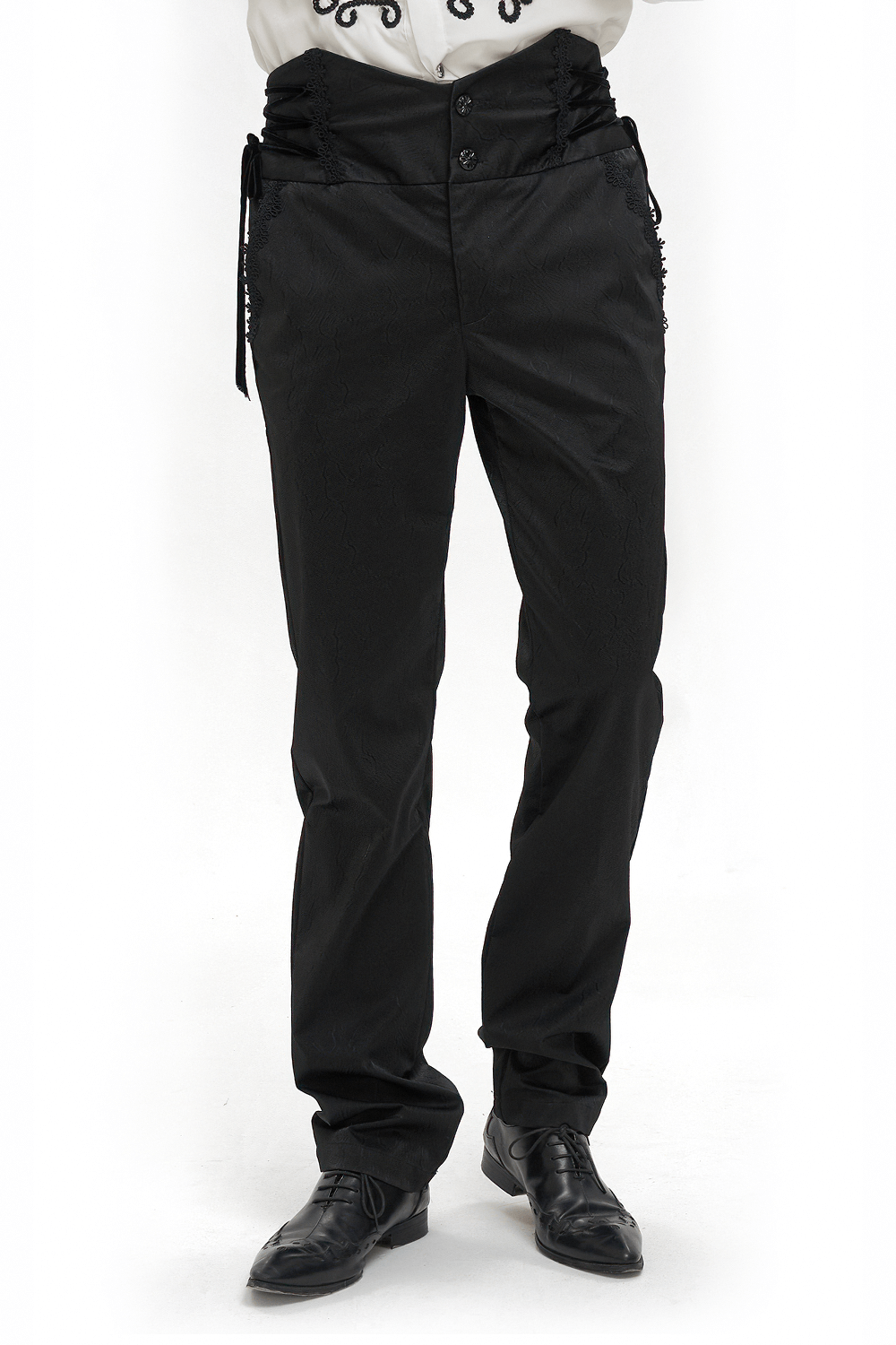 Gothic high waist pants with side lace-up detail, featuring carved buttons for a vintage-inspired look.