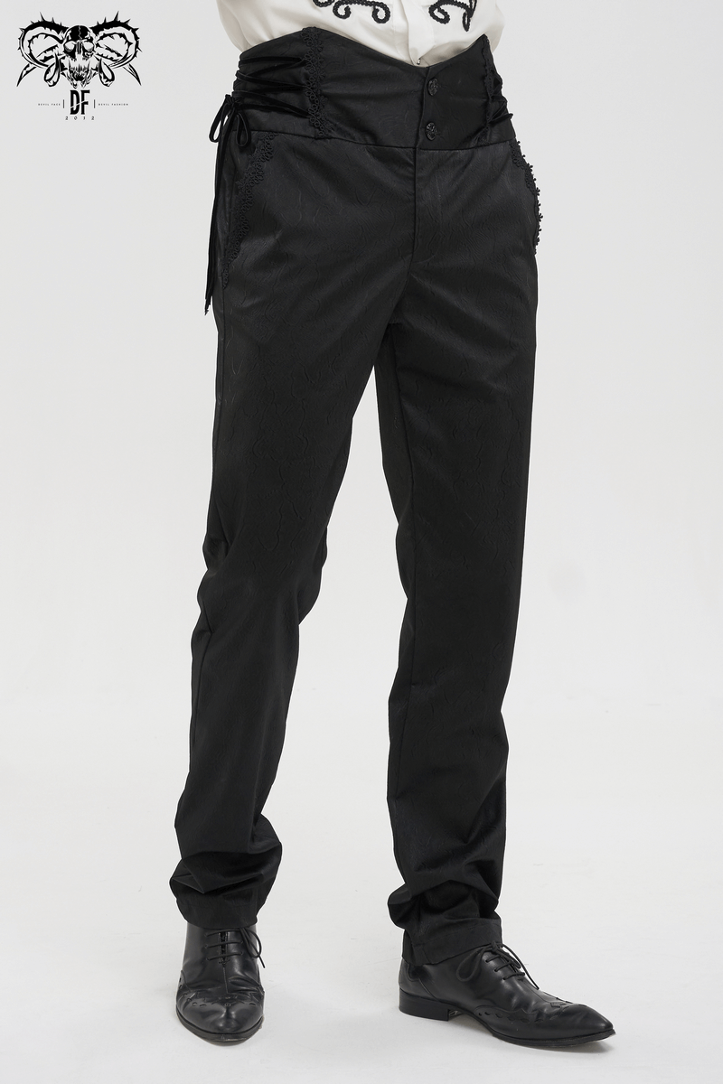 Gothic high waist pants with lace-up sides, featuring a vintage jacquard style and carved buttons in black.
