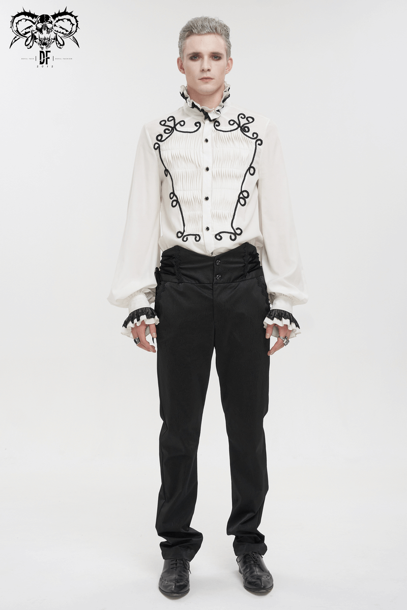 Stylish model wearing black vintage gothic pants and decorative white shirt with intricate details.