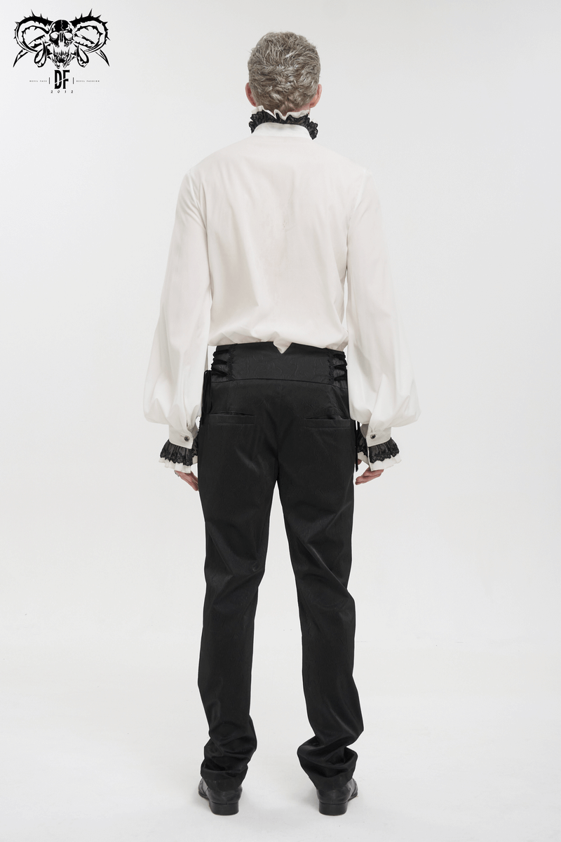 Stylish model showcasing Gothic high waist pants with lace-up details, paired with a vintage white blouse.