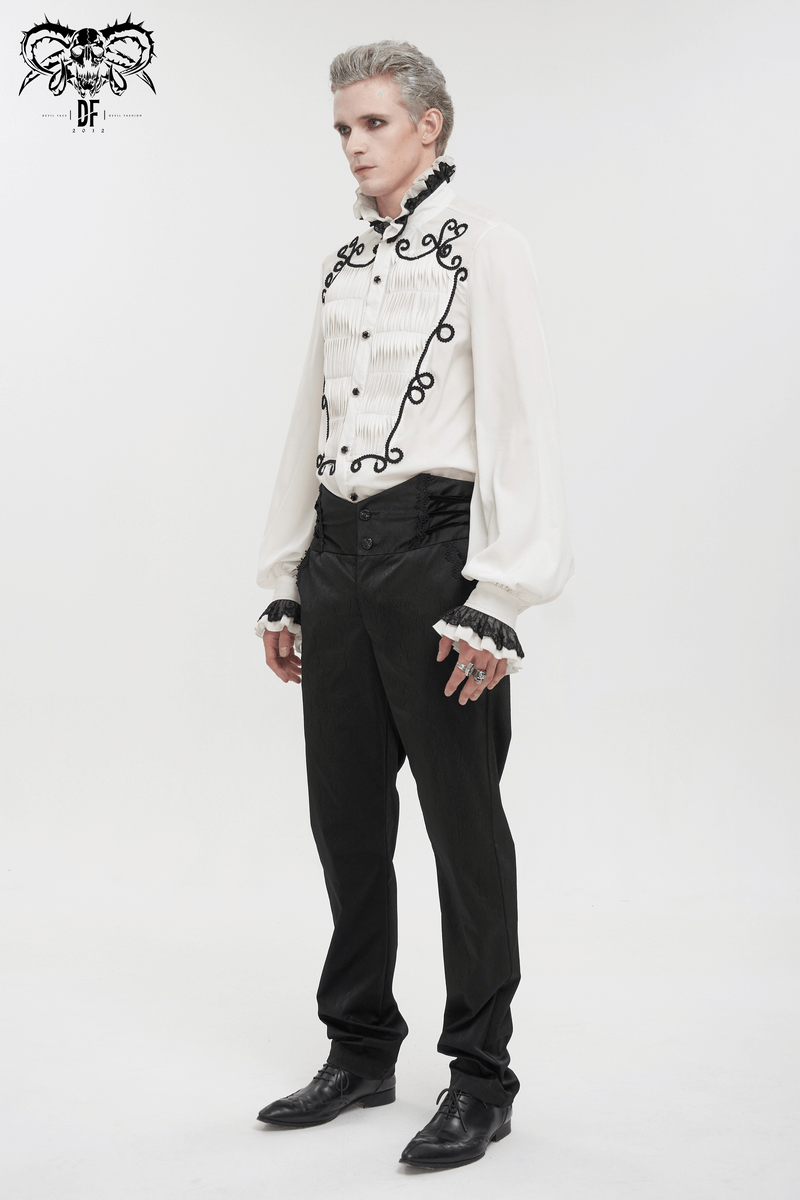 Gothic High Waist Pants with Lace up on Both Sides / Vintage Jacquard Trousers with Carved Buttons