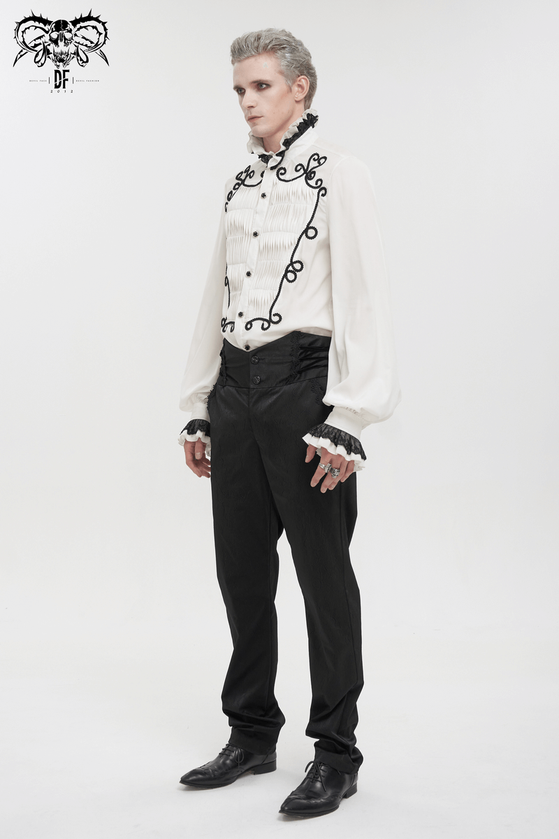 Gothic high waist pants with lace-up sides paired with a vintage-inspired ornate shirt, perfect for a dramatic gothic look.