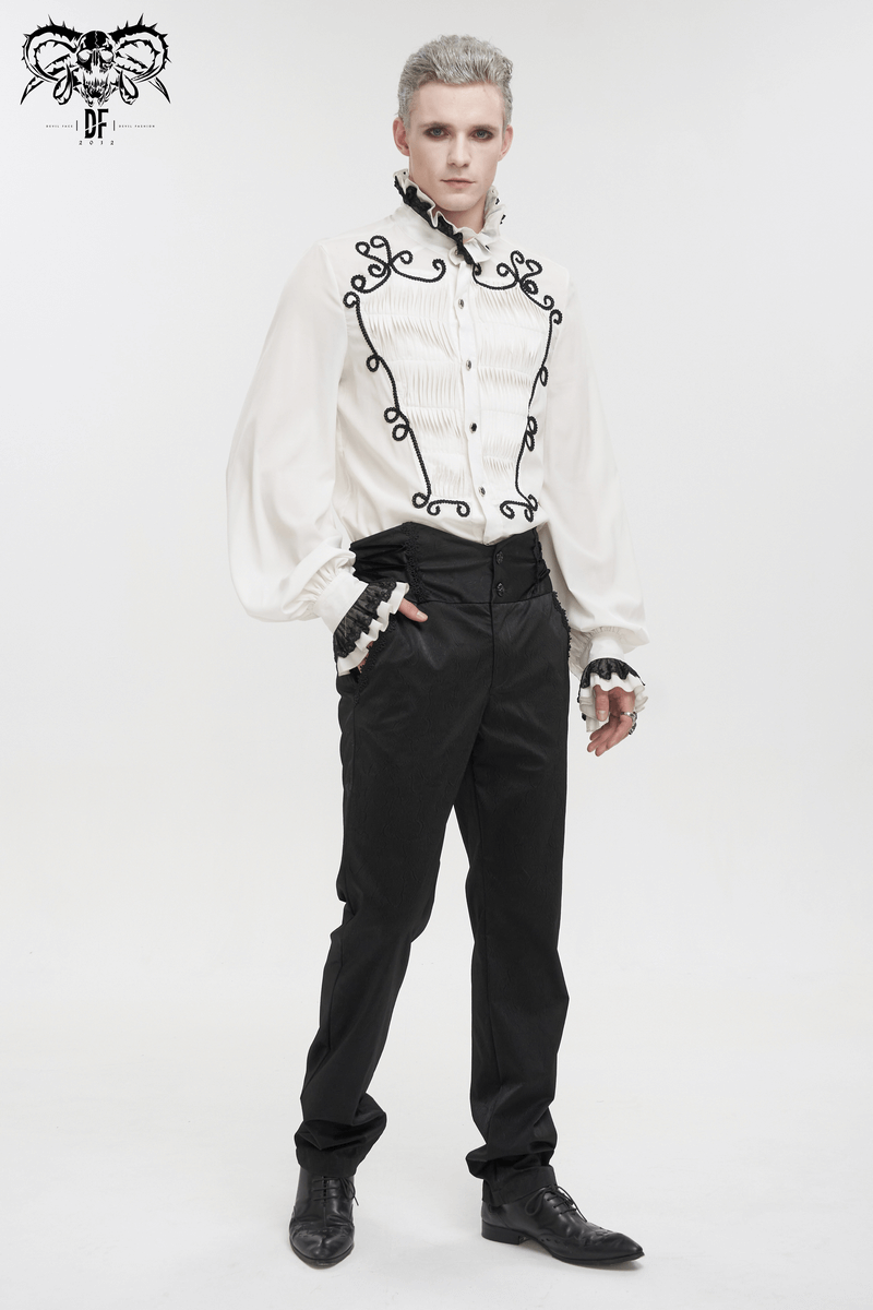 Model wearing a gothic-style white shirt with black embroidery and high-waisted black pants, perfect for vintage fashion.