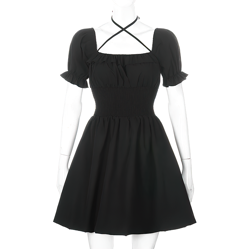 Gothic High Waist Women's Dress / Black Elastic Summer Mini Dress - HARD'N'HEAVY