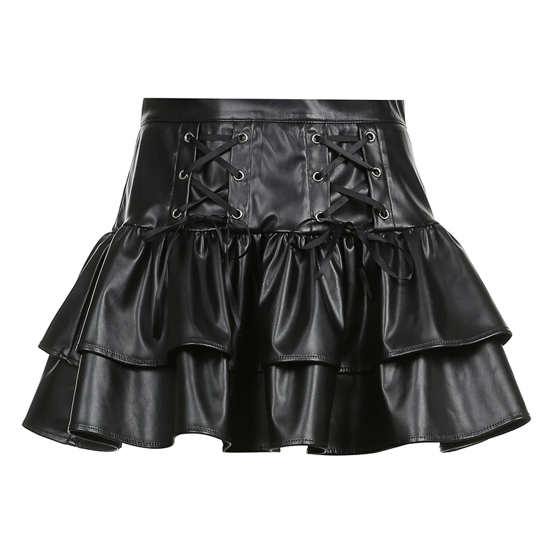 Gothic high waisted mini skirt for women in black PU leather with ruffled hem and lace-up detail.