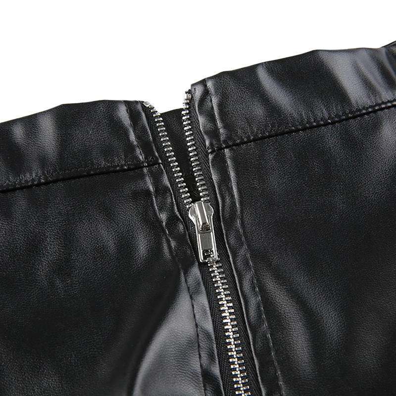 Close-up of the zipper on a women's gothic high waisted mini skirt made of black PU leather.
