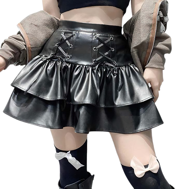 Gothic high waisted mini PU leather skirt for women, featuring a stylish ruffled design and lace-up detail.