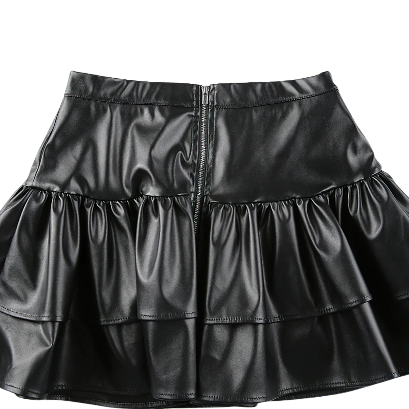 Gothic high waisted black mini skirt made of PU leather with a stylish ruffled design.