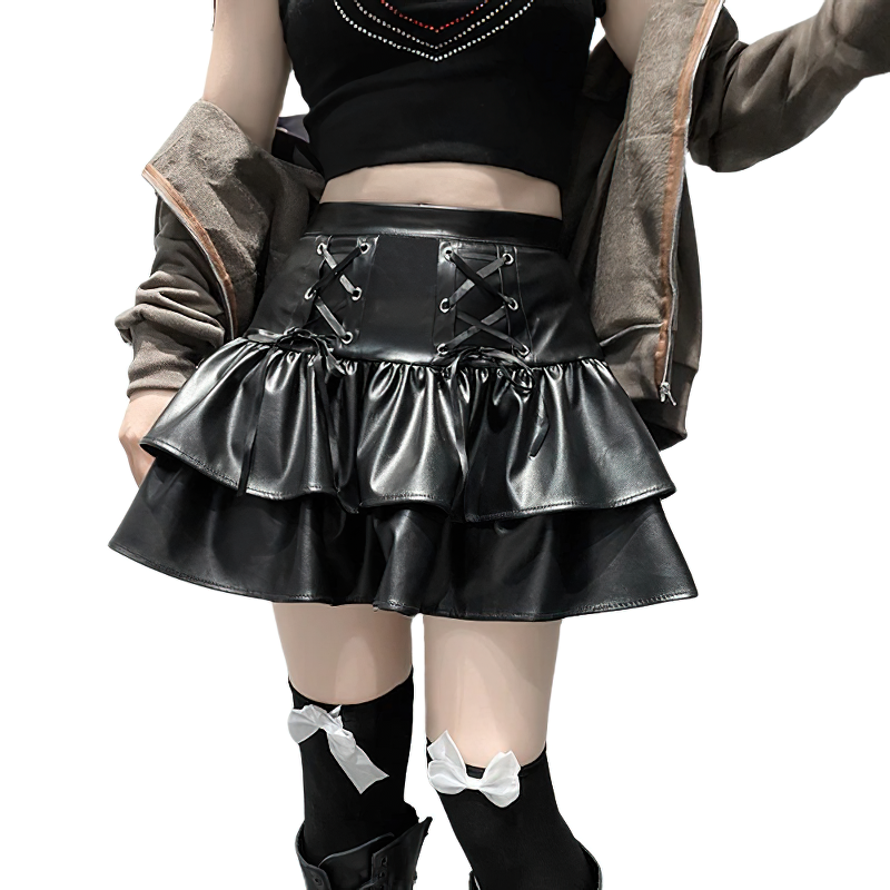 Gothic high waisted mini skirt for women, stylish PU leather, vintage cut, ruffled design, perfect for fashion streetwear.