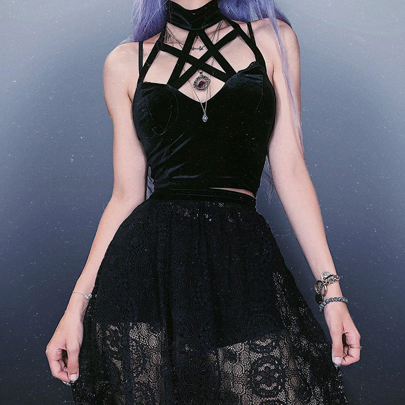 Gothic Hollow Out Black Camis with Pentagram / Women's Tank Top Halter / Female Backless Clothing - HARD'N'HEAVY