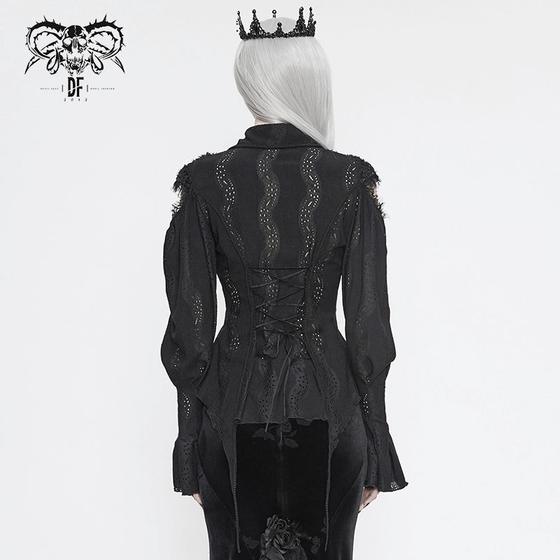 Gothic Hollowed-out Long Lantern Sleeves Blouse / Women's Irregular Shirts with Lace-up Back - HARD'N'HEAVY