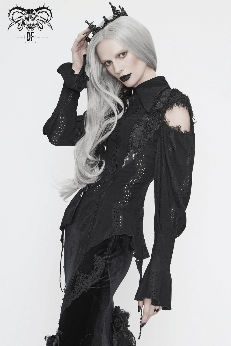 Gothic Hollowed-out Long Lantern Sleeves Blouse / Women's Irregular Shirts with Lace-up Back - HARD'N'HEAVY