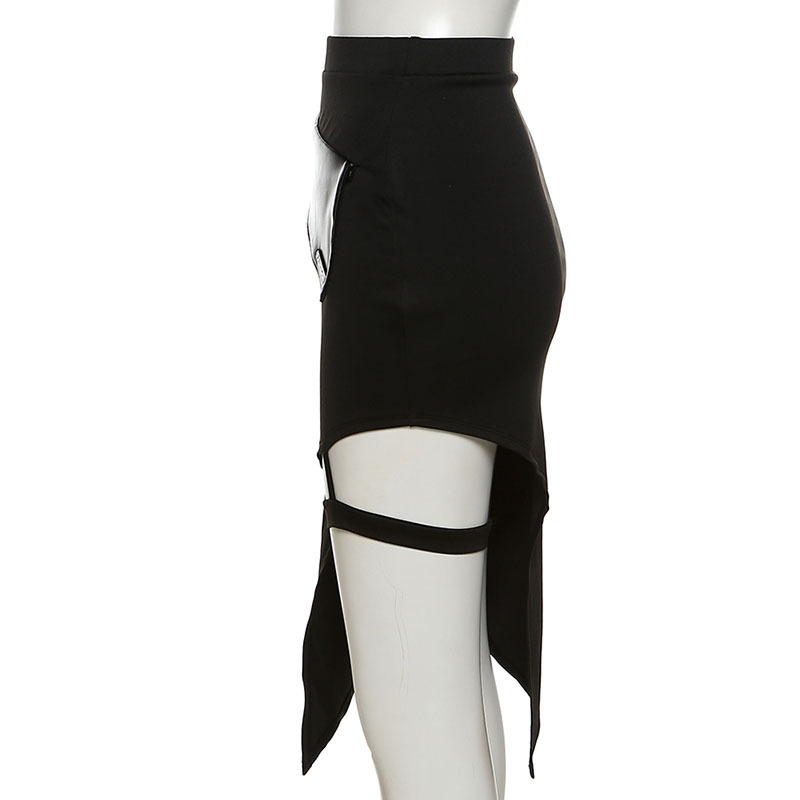 Gothic irregular hem black mini skirt showcasing stylish patchwork design and trendy high waist fit.
