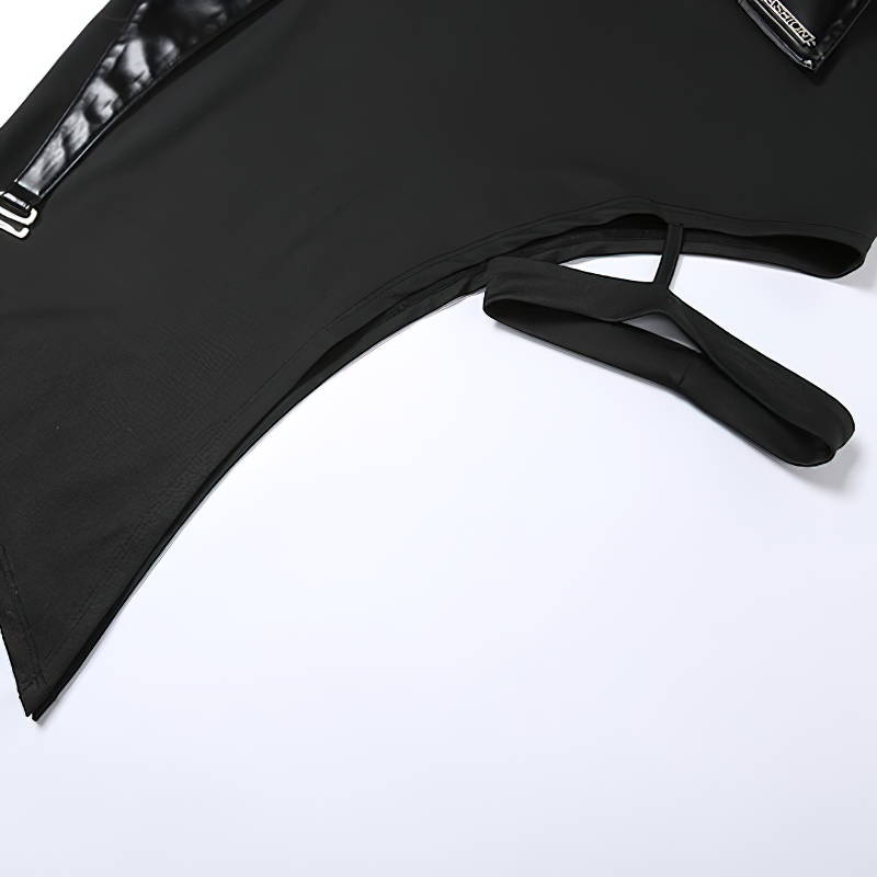 Close-up of a black gothic mini skirt with irregular hem and stylish straps, perfect for edgy fashion lovers.