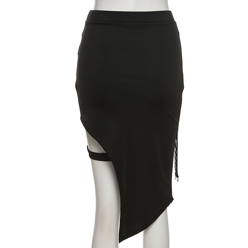 Women's Gothic irregular hem black mini skirt with patchwork design and unique cut.