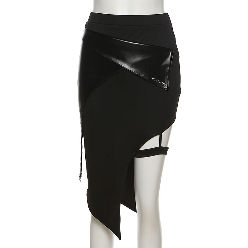 Gothic irregular hem black mini skirt with patchwork design and stylish high waist, perfect for fashionable outfits.