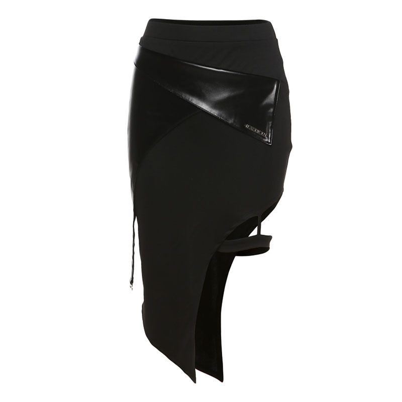 Gothic black mini skirt with irregular hem and patchwork design, ideal for stylish grunge fashion.