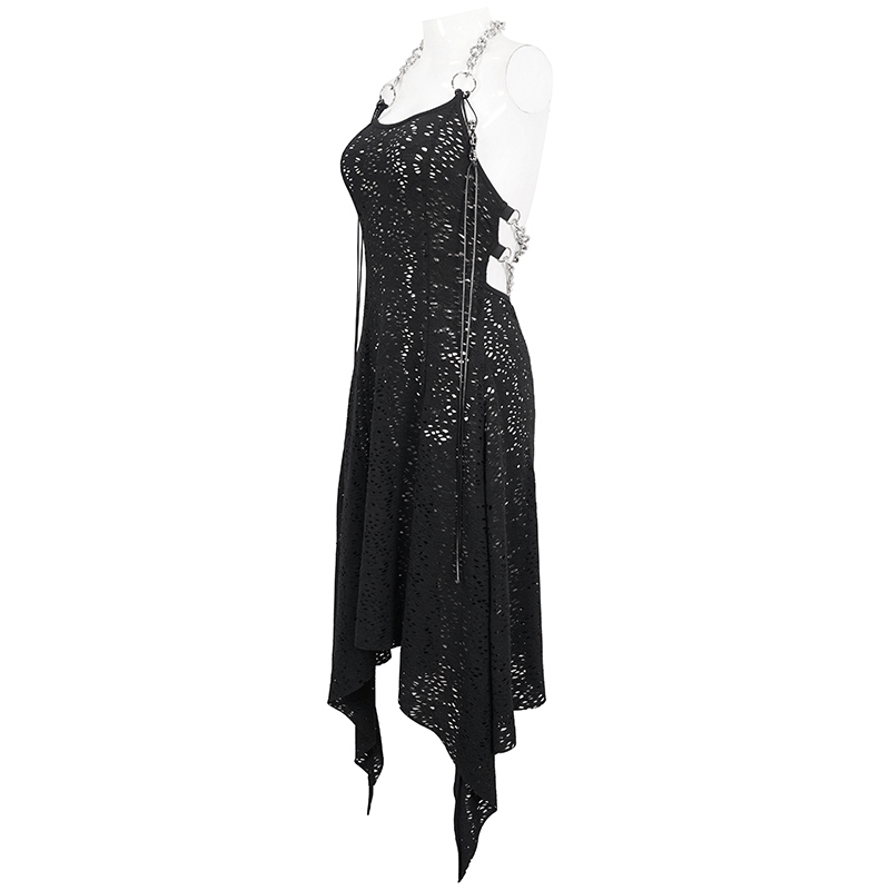 Gothic black irregular ripped chain dress for women, showcasing a sexy bared-back design and unique asymmetric silhouette.