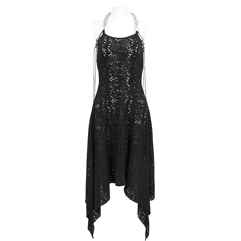 Gothic irregular ripped chain dress for women in black, featuring an asymmetric design and bared back for a sexy look.