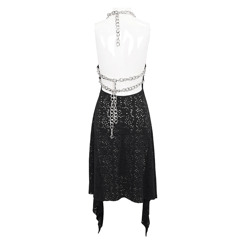 Back view of a sexy gothic irregular ripped black dress with chain details for women.
