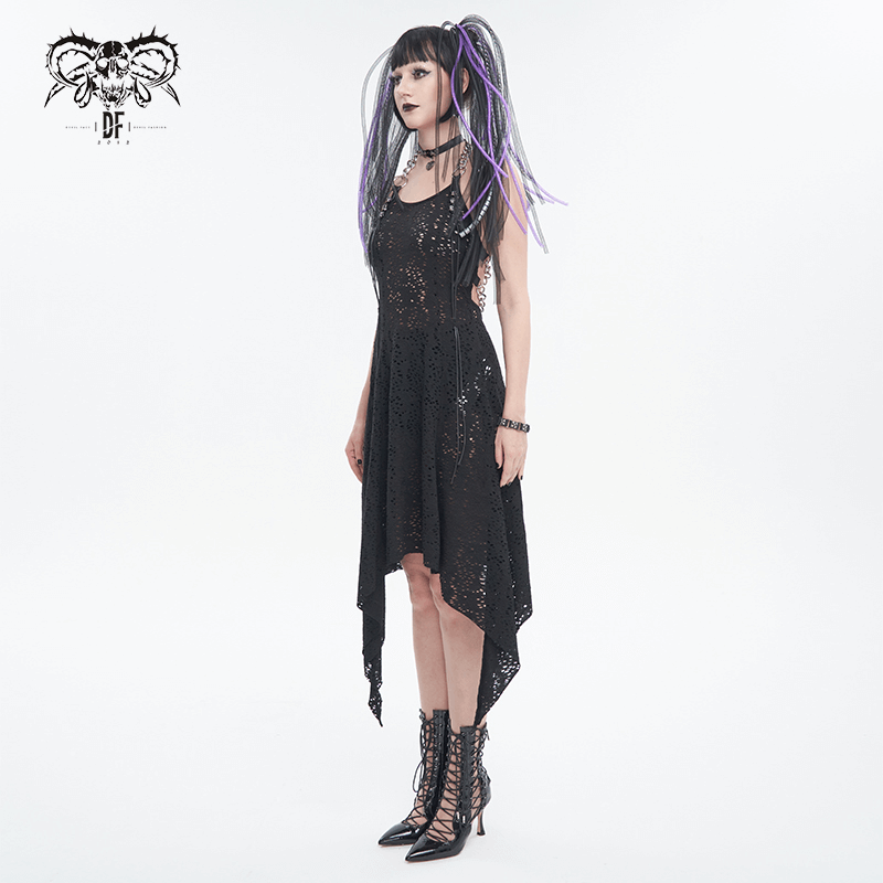 Gothic Irregular Ripped Chain Dress for Women / Sexy Ladies Black Bared Back Dress - HARD'N'HEAVY