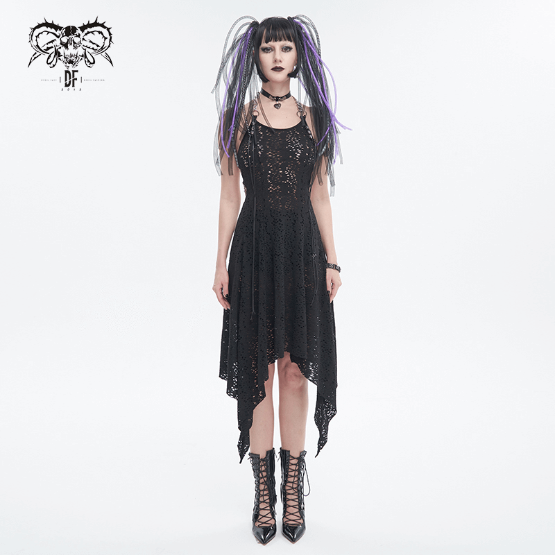 Sexy gothic women’s irregular ripped dress with trendy chain details and edgy asymmetrical hem.