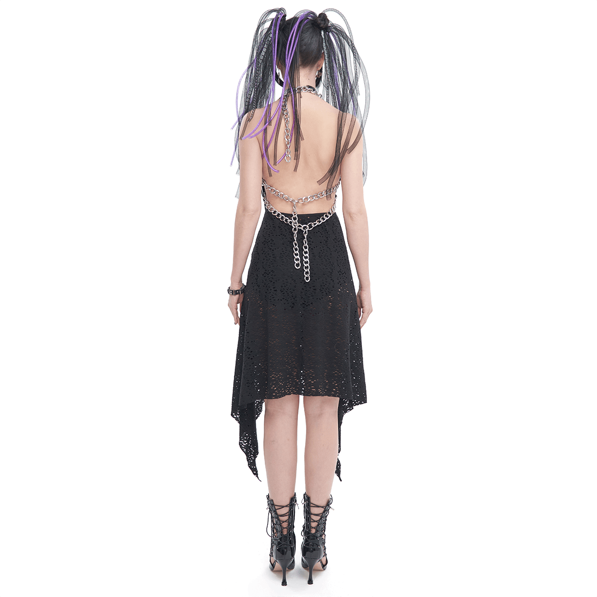 Back view of a gothic irregular ripped chain dress for women, showcasing a daring bared-back design and edgy chain details.