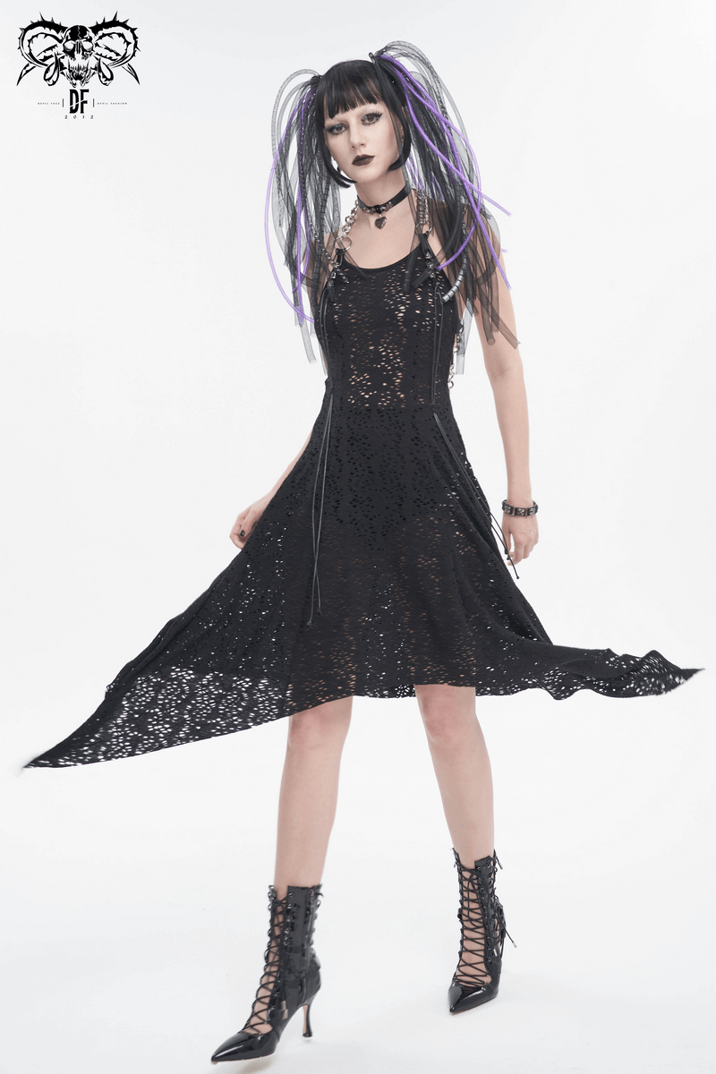 Gothic irregular ripped chain dress for women, featuring a bared back and edgy design, perfect for alternative style.