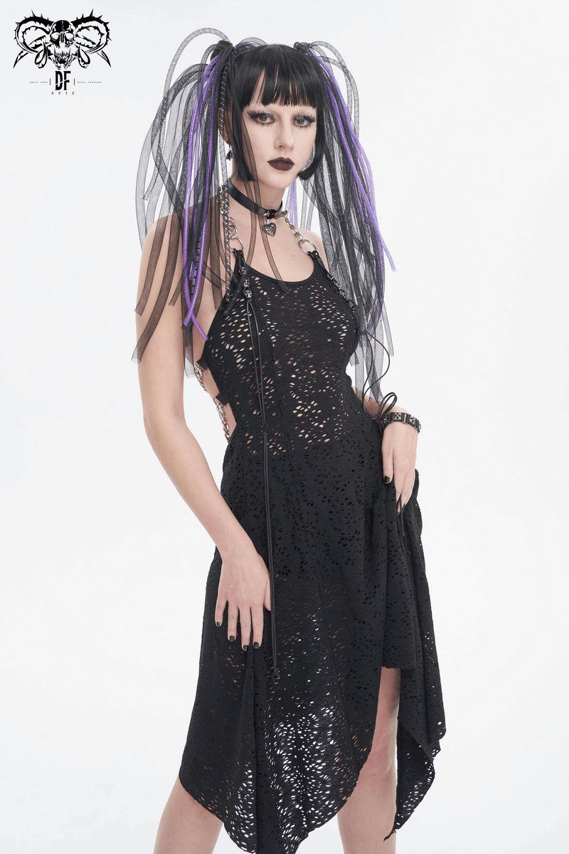Gothic women's irregular ripped dress in black, showcasing edgy style with chain details and a bared-back design.