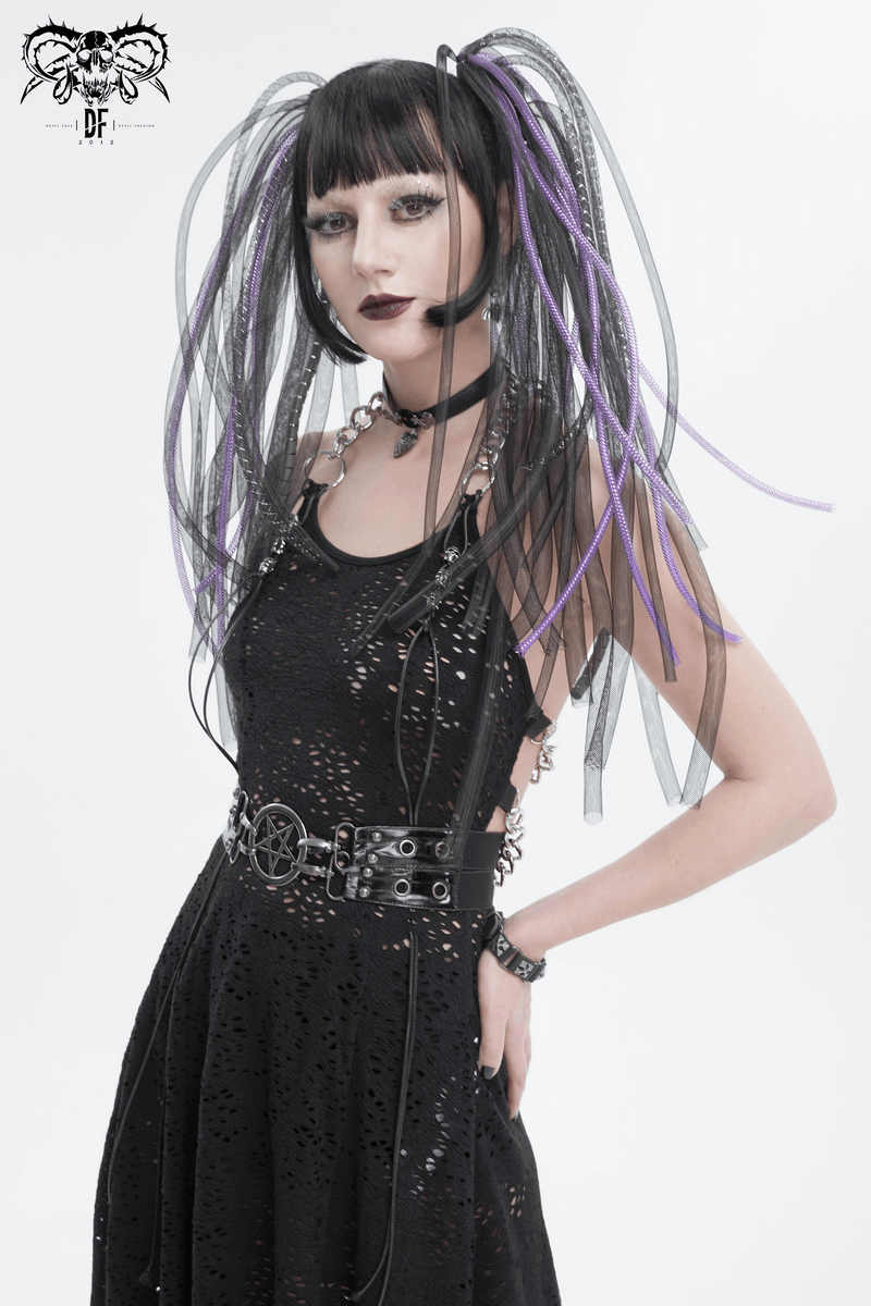 Gothic woman in black irregular dress, showcasing edgy style with unique hair and accessories.